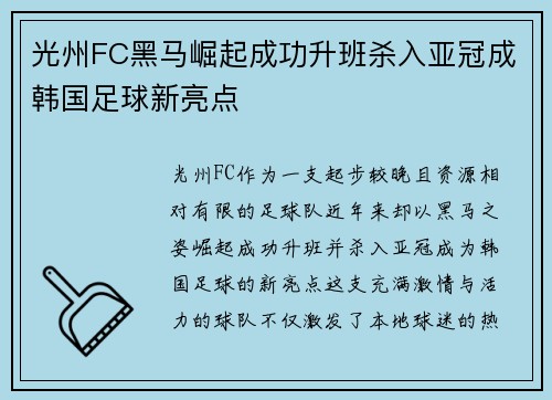 光州FC黑马崛起成功升班杀入亚冠成韩国足球新亮点 光州FC黑马崛起成功升班杀入亚冠成韩国足球新亮点